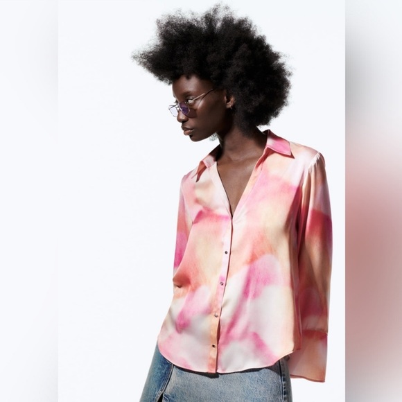 Zara Tops - Zara Tie Dye‎ Watercolour Pink Satiny Blouse